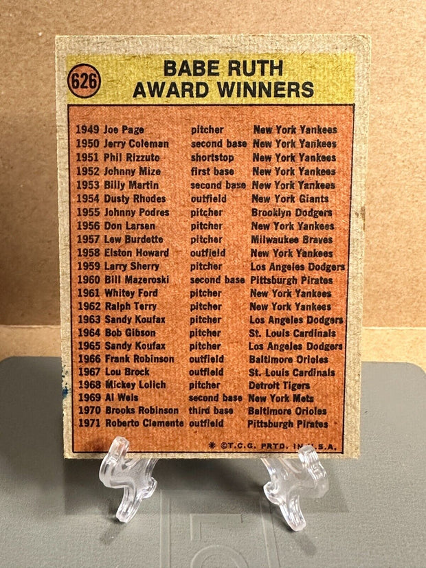 1972 Topps Babe Ruth Award #626 Award Winners List MLB Baseball Insert Bella Grace Cards